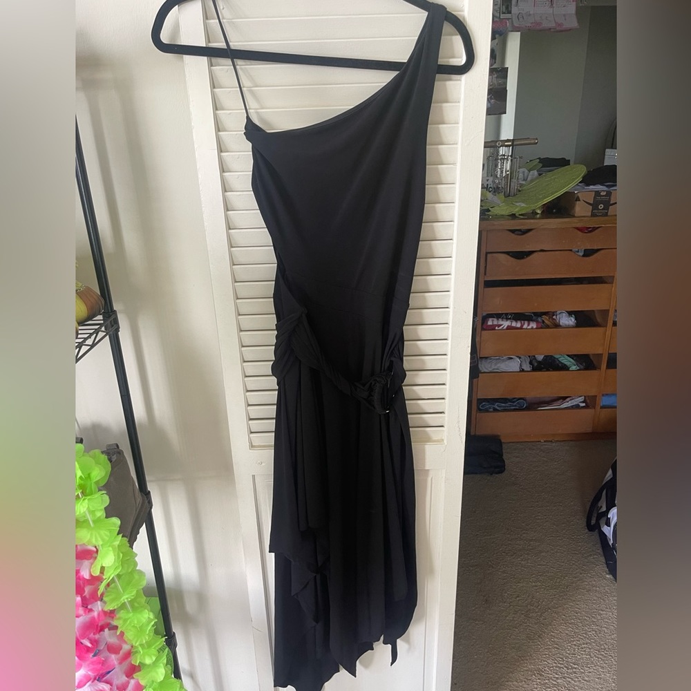 One shoulder, cut out, asymmetrical, black formal dress